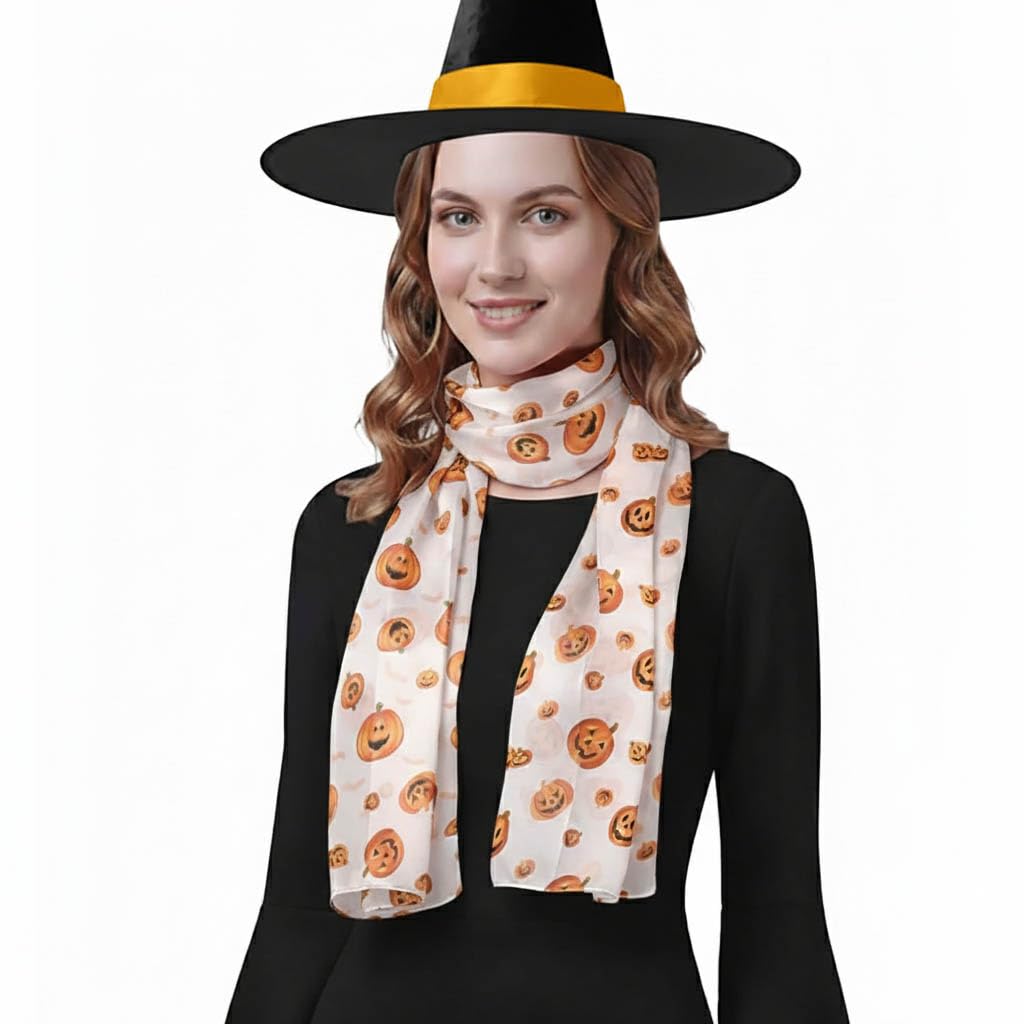 Basic Sense Women's 30 - White Satin Halloween Scarf With Jack O'lantern Bat Pumpkin Motif,