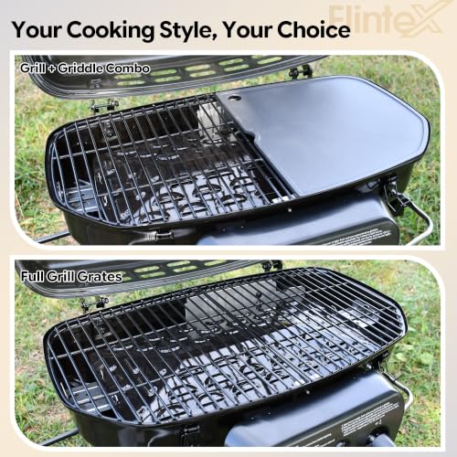 Image of Flintex Portable Propane Gas Grill, 340 SQ.IN. 2-Burner Foldable BBQ Grills, 2-in-1 Outdoor Camping Griddle Combo for Travel Tailgating, Green
