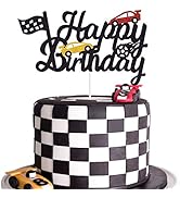 Marwey Race Car Birthday Cake Topper Happy Birthday Cake Decor Chequered Flag Themed Party Suppli...