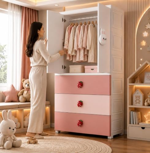 Image of HIWARE Premium Modular Wardrobe for Bedroom, Kids Room and Home | Spacious Clothes Storage Cabinet with Drawers and Shelves | Modern Stylish Design, Heavy Duty, Multiuse Organizer- SJ6514-PINK Rabbit