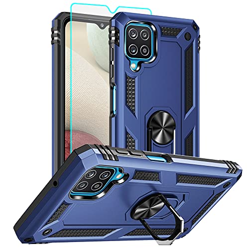 Aozuoton for Samsung Galaxy A12 Phone Case with HD Screen Protector [Military Grade 16ft. Drop Tested] Ring Shockproof Protective Phone Case for Samsung A12 Blue