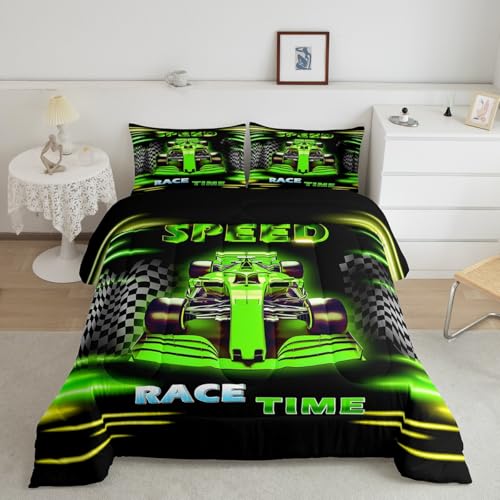 Image of Feelyou Kids Ombre Race Car Comforter Set Queen Size, Racing Sports Duvet Insert Boys Girls Karting Road Bedding Set Teens Bedroom Decor Microfiber Bed Set