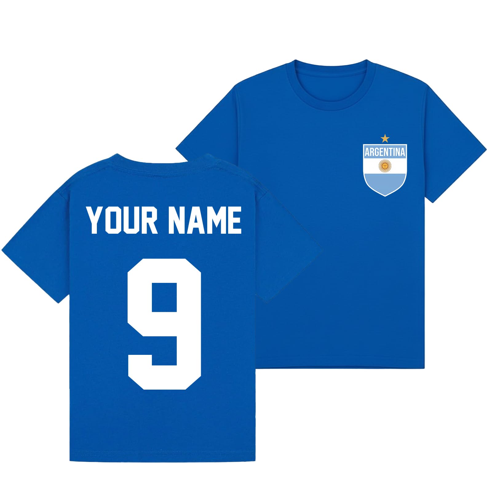 Personalised Argentina Heritage Travel Football Boys Kids Graphic T-Shirt Novelty Retro Customised Number Fan Sun of May Shield Tee Apparel Royal Blue 5-6Y