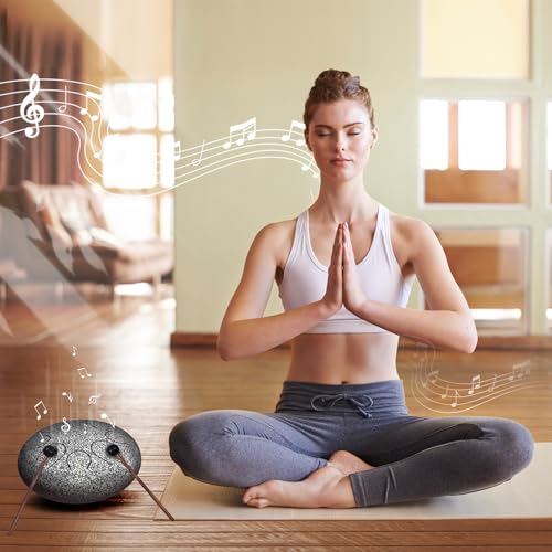 Image of Rain Drum for Outside Garden, 6 Inches 8 Notes Steel Tongue Chakra Drums, Waterproof Meditation Rain Chime, Musical Instruments for Adult Gift with Bag, Music Book, Drum Mallets (Star Sliver)