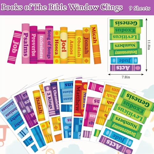Image of Whaline 9 Sheet Books of the Bible Window Clings Back to School Jesus Faith Book Reusable Window Decals for Classroom Church Sunday School Christian Home Decor
