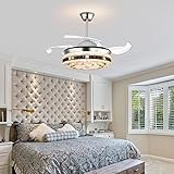 42 Inch Crystal Bluetooth Ceiling Fan With Light Remote, Retractable 7-Color LED Chandelier, 6 Speeds Invisible Fan for Bedroom/Living/Dining Room