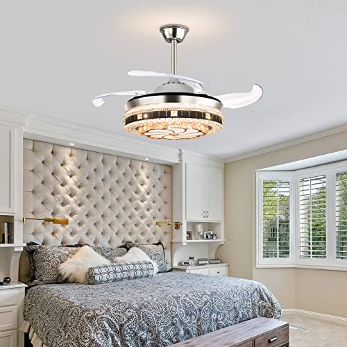 42 Inch Crystal Bluetooth Ceiling Fan With Light Remote, Retractable 7-Color LED Chandelier, 6 Speeds Invisible Fan for Bedroom/Living/Dining Room