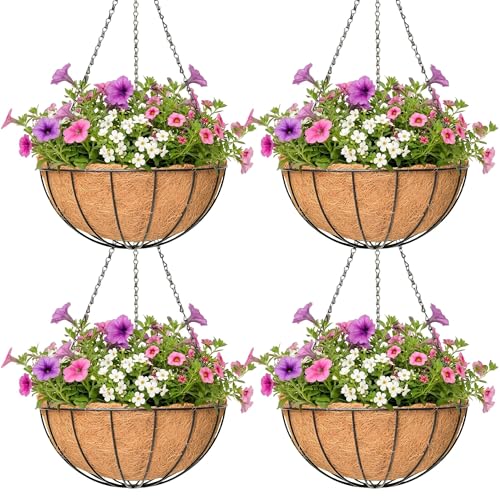 4 Pack Hanging Planter for Outdoor Plants 16 inch Metal Hanging Flower Basket with Coco Coir Liner Round Wire Plant Holder Chain Flower Pots Outdoor Garden Decoration Watering Hanging Baskets(XG)