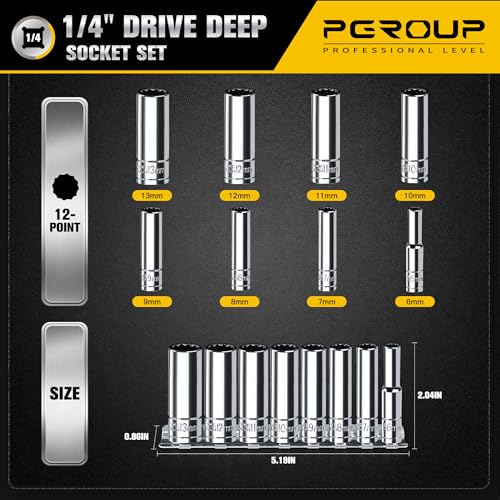 Image of 1 /4 Inch Drive Socket Set - 8 Piece Metric 12-Point Deep Socket Set (6mm, 7mm, 8mm, 9mm, 10mm, 11mm, 12mm, 13mm)- Chrome Vanadium Steel with Sturdy Holder - 50BV30