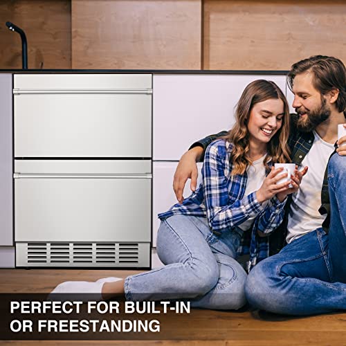 Image of Mojgar 24 inch Under Counter Beverage Refrigerator, Indoor /Outdoor Fridge with Double Drawer Storage, Quiet 38dB Compressor & Weather-Proof Stainless Steel - Beverage Fridge for Home, Patios, Restaurants