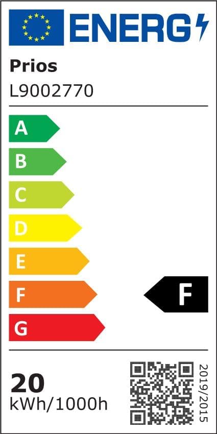 EU Energy Label for Prios L9002770, showing energy efficiency class F and 20 kWh/1000h.