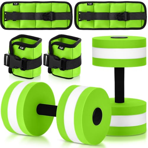 Hollowfly Water Aerobics Set 4 Piece Pool Exercise Kit (2 Aquatic Dumbbells + 2 Ankle/wrist Weights) EVA Foam Low-impact Workout(Green 1lb)
