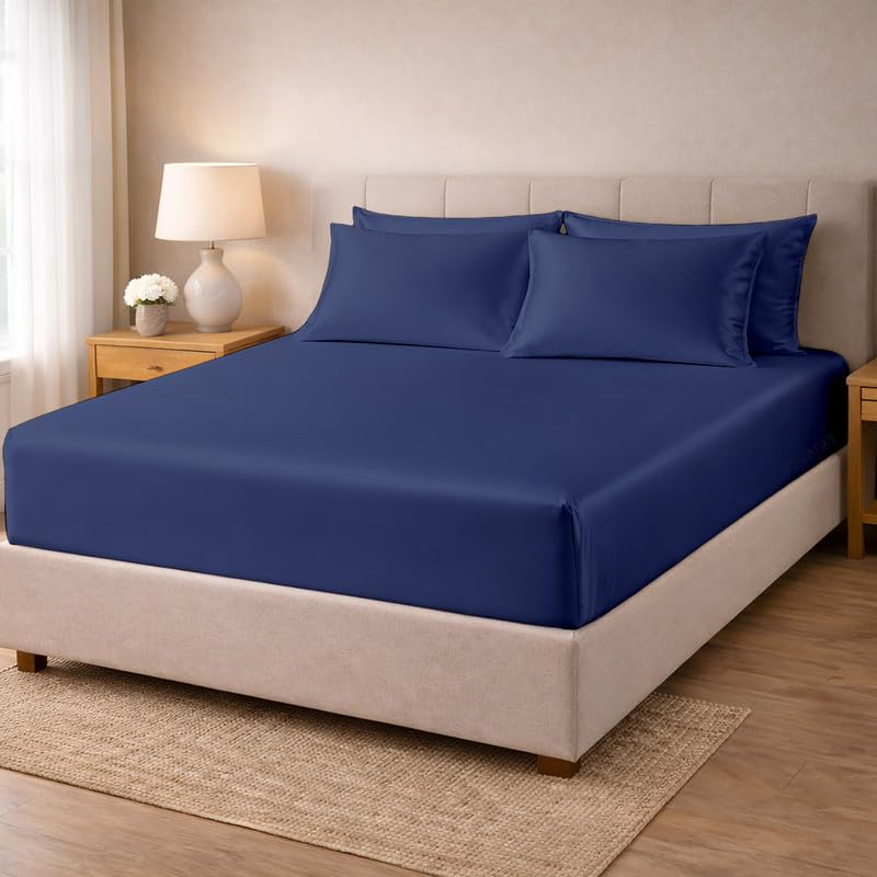 Image of Filbert - Premium Satin Fitted Bedsheet Single Bed (36x75 Inch) with 1 Pillow Cover | Hypoallergenic Breathable | Hair and Skin Friendly, Women Gift Choice|Navy Blue