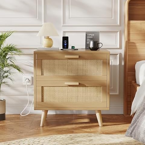 Rovaurx Rattan Nightstand with 2 Drawers, Bedside Table Small Night Stand with Charging Station, End Table for Bedroom, Boho Side Table with Solid Wood Legs for Bedroom, Modern Natural RCTG111ME Cover