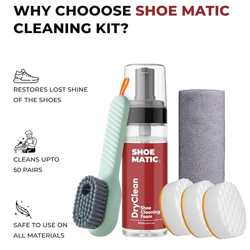 Image of SHOEMATIC Ultimate 5-in-1 Shoe Care Kit | Cleaning Foam (150ml) + Cleaning Hard Brush + 3 Disposable Soft Scrub Sponges + Microfiber Cloth + Shoe Cover