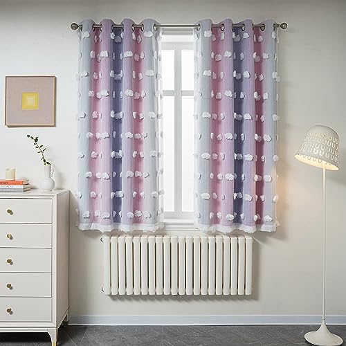 Image of MYSKY HOME Double Layer Curtains for Girls Bedroom Pink Purple Curtains for Daughter Room Ombre Kids Curtains White Pom Pom Sheer Drapes 63 Inches Length Room Darkening Grommet 2 Panels W52 X L63