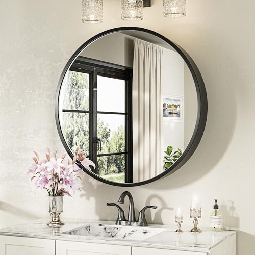 Keonjinn 24 x 24 In Round Medicine Cabinets for Bathroom, Black Mirror Surface Mount Medicine Cabinet, Circle Black Medicine Cabinet with Mirror, Adjustable Shelves Framed Bathroom Mirror with Storage