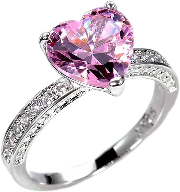 AZQ 925 Sterling Silver Shiny Full Diamond Ring 18K Gold Cocktail Rings Heart Cut Pink Cubic Zirconia Promise Rings CZ Heart Diamond Eternity Engagement Wedding Band Ring for Women TZ.117