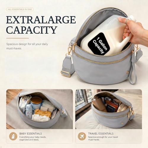 Image of Womens Crossbody Bag, Spacious Nylon Bum Bag Trendy Shoulder Purse with Adjustable Strap Zipped Travel Essentials