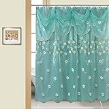 BH Home & Linen Decorative Semi-Sheer Scarf Shower Curtain with Floral Designs 70' x 72'. 100% Polyester. (Maya Aqua)