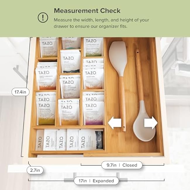 Tea Bag and Coffee Pod Kitchen Drawer Organizer, Expandable 9.7 to 17 Inches, 10 Accessory Compartments with Adjustable Wall Inserts, Non-Slip Rubber Feet, 100% Sustainable Bamboo Wood