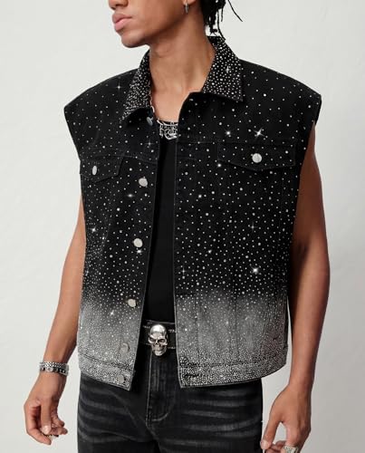 Image of Vamtac Mens Denim Vest Rhinestone Sleeveless Jean Jacket Cowboy Biker Vest