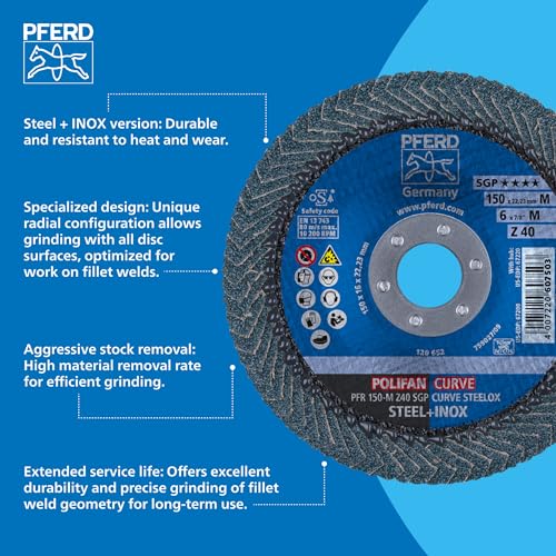 PFERD POLIFAN®-Curve Radial Type Flap Disc - 4-1/2" x 7/8", 40 Grit Zirconia, Welding Accessory and Angle Grinder Attachment - for Steel and Stainless Steel (INOX) Grinding - Pack of 1 - Part 67339