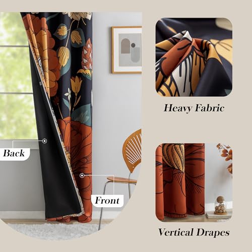 Image of Tyrot Black Boho Floral Blackout Curtains for Sliding Glass Doors 84 inch Length Extra Wide Curtains for Patio Sliding Door Living Room, Grommet Room Divider Thermal Insulated Curtains, W100 x L84