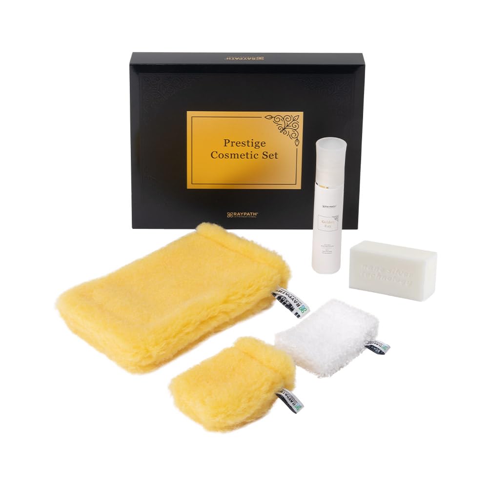 Prestige Cosmetics Plus zestaw – luksusowa, ekologiczna kolekcja do pielęgnacji skóry z rękawicami do twarzy, Face Glove, Face Cleaner, Body Cleaner, GoldenR