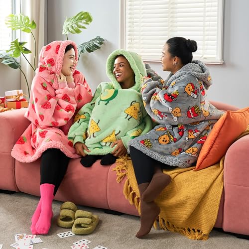Image of Giggling Getup Wearable Blanket Hoodie for Adults Gifts for Teen Girls Sister Women Sherpa Fleece Printed Hooded Blanket Sweatshirt Warm Cozy with Pocket & Sleeves Green Avocado