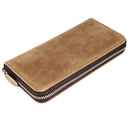 Mens Genuine Leather Long Wallet with Zipper RFID Blocking Vintage Bifold