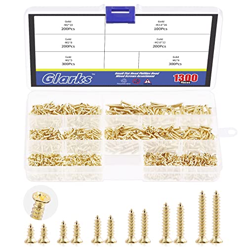 Glarks Juego de 1300 tornillos de madera de 5 mm, 6 mm, 7 mm, 8 mm, 10 mm, tornillos de madera autoperforantes dorados para decoración de muebles del hogar (dorado)