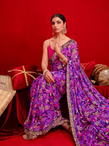 Image of SIRIL Women's Chiffon Printed Saree With Unstitched Blouse Piece