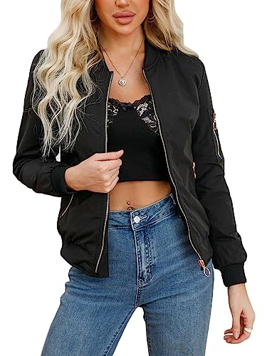 Women's Bomber Jacket Lightweight Varsity Zip Up Coat Casual Long Sleeve Windbreaker