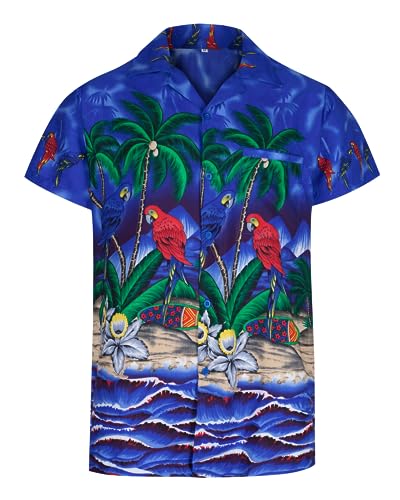 REDSTAR Mens Hawaiian Shirt Short Sleeve Parrot STAG Beach Holiday Bird Fancy Dress Hawaii (XL, Blue)