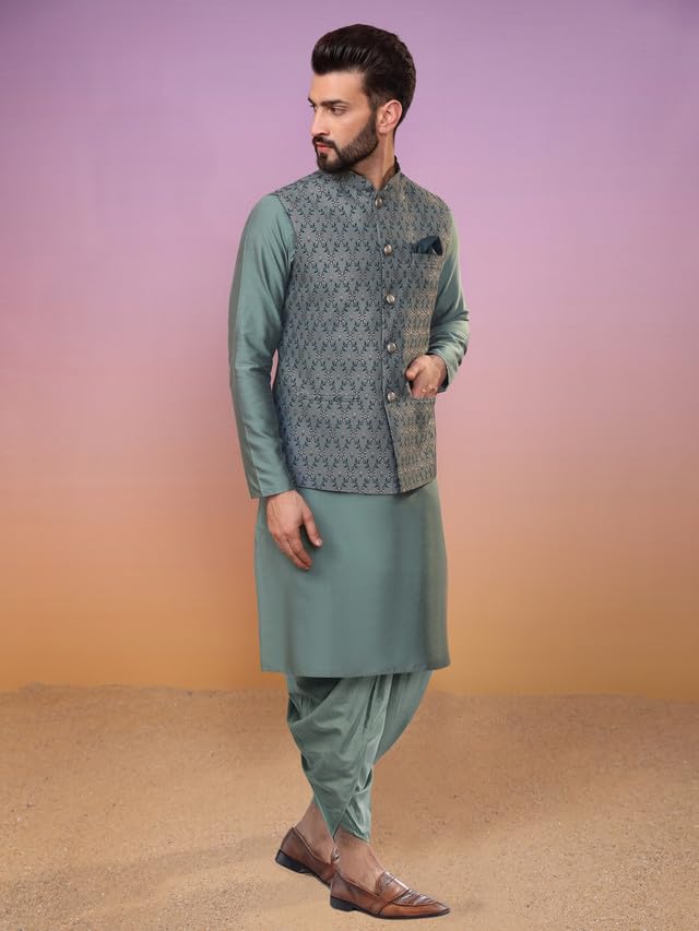 Kisah Mens Kurta Jacket Dhoti Set, Jacquard Silk Blend Mandarin Collar Long Sleeves, Green Ethnic Wear Set For Men, 42