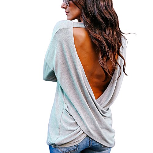Lulupi Tshirt Damen Langarm Rückenfreie Shirt Sexy Pullover Oberteil V Ausschnitt Tops Frühling Herbst Lose Bluse Frauen Elegant Langarmshirt T-Shirt Cover