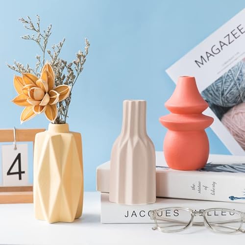 Elsjoy Set Of 3 Ceramic Vase, Decorative Stoneware Flower Vase Modern Geometric Vase, Small Terracotta Bud Vase For Home Decor, Living Room, Table Centerpieces #TOP5