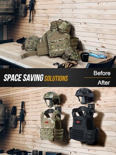 Image of OneTigris Motorcycle Helmet Holder Wall Mount, Tactical Gear Holder with Helmet Stand and Plate Carrier Hanger, Solid Wood Wall Rack Organizer & Display for Police, Football, Cycling Gear