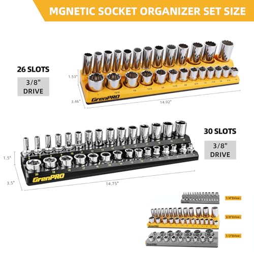Image of Socket Organizer, GRENPRO Socket Holder Set, 2 Piece SAE & Metric Socket Trays Includes 3 /8 inch Drive Holds 52 Sockets