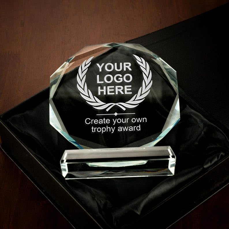 Personalized Crystal Award with Text & Logo, Free Design Assistance – Engraved Gift for Employee, Coworker Appreciation, Retirement – Custom 6" Glass Trophy & Plaque