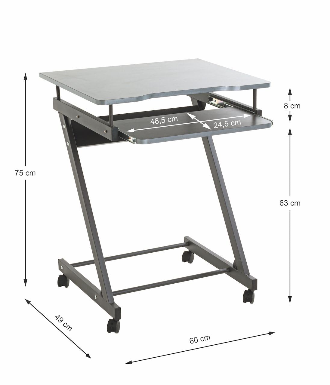 HAKU Chariot Ordinateur Anthracite, MDF, métal - Dim.: L 60 cm x H 75 cm x P 49 cm, Style: Modern