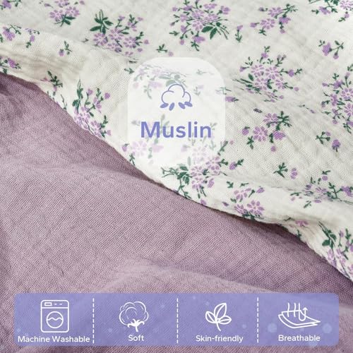 Image of FUNUPUP Muslin Baby Lounger Cover Only, Purple & Purple Floral | 100% Muslin Cotton Soft Breathable Easy On /Off Envelope Closure Machine Washable Easy-Clean Protector Neutral Colors