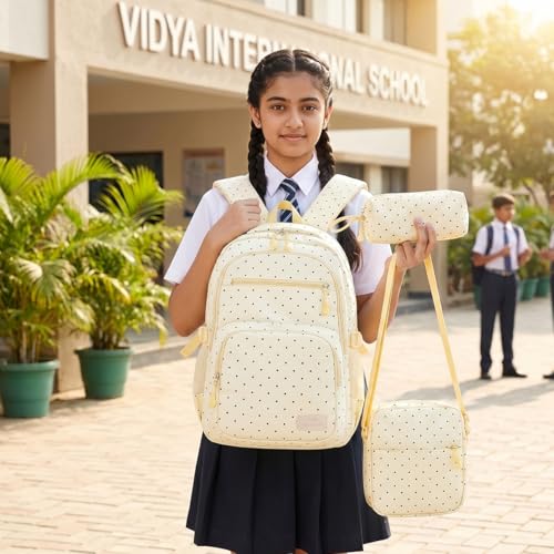 Image of PALAY School Bag for Girls Yellow Polka Dot Backpack with Crossbody Bag & Pencil Pouch Large Oxford Cloth Daypack Set Waterproof Multi-compartments Bookbag for Primary, Elementary, Middle School