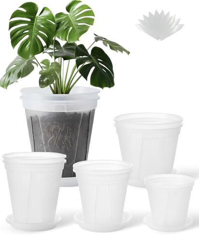 TineDew Large Clear Nursery pots for Plants with Saucers,10 pcs 9.5/8.3/7/6/5 inch Thick Plastic Nursery pots for Plants with Drainage Holes for Monstera,Aroid