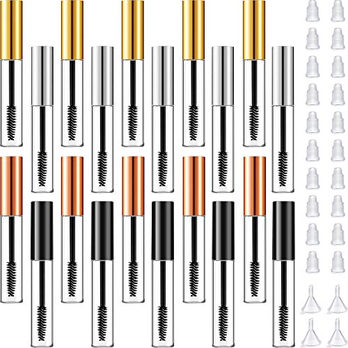 20 Pieces 10 ml Empty Mascara Tube Refillable Eyelash Wand Tube Plastic Eyelash Cream Container Bottle with 20 Rubber Insert and 4 Plastic Funnel for DIY Cosmetic Oil (Gold, Silver, Rose Gold, Black)