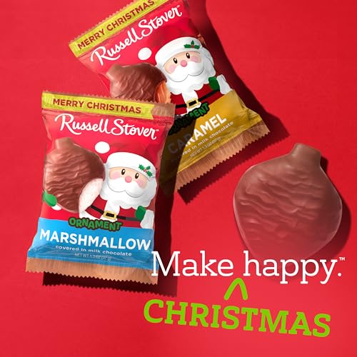 RUSSELL STOVER Christmas Chocolate Candy Assorted Ornaments, 1.3 oz. (Pack of 40) - Marshmallow, Caramel, Truffle, Raspberry Creme - Stocking Stuffers