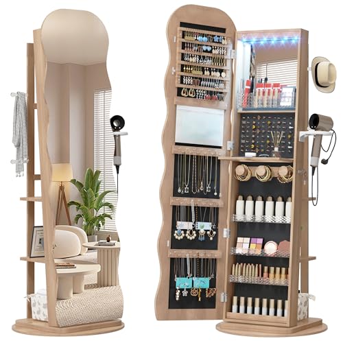 LVSOMT LED Espejo joyero de pie Ondulado, Giratorio 360° Armario Joyero con Espejo, Espejos Armario con Cerradura, para Salón, Dormitorio, Estantería de 3 niveles y 3 Varilla de ropa, Madera Natural