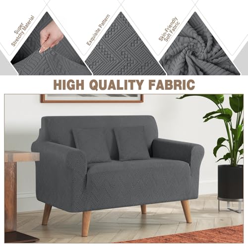 Ruaozz Stretch Loveseat Sofa Cover 1 Piece Couch Covers for 2 Cushion Couch Non Slip Loveseat Slipcover Soft Jacquard Furniture Protector with 2 pcs Throw Pillow Covers (2 Seater, Dark Gray) — view 4