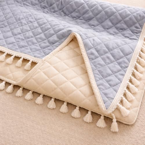 Image of DecorTwist Premium Reversible Quilted Velvet Sofa Cover for 2 & 3 Seater | Luxury Sofa Protector with Tassels | Soft, Durable & Pet Friendly | Grey /Beige & Beige (Beige, 2 Seater)